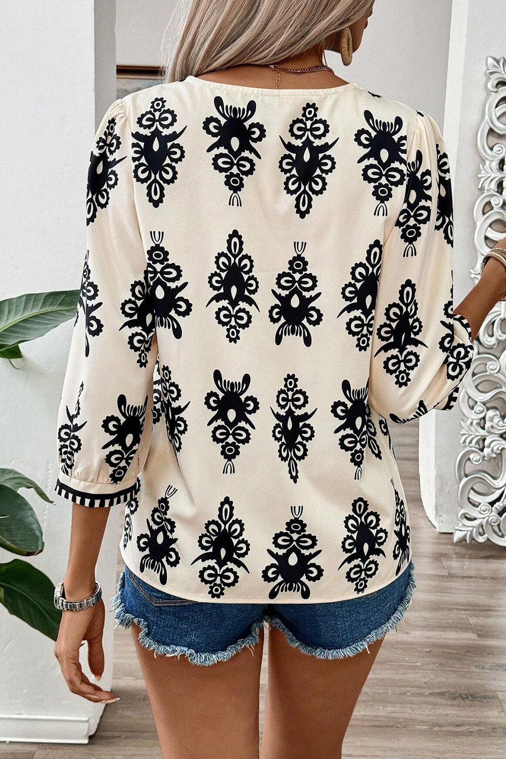 Beige Vintage Geo 3/4 Sleeve V Neck Blouse