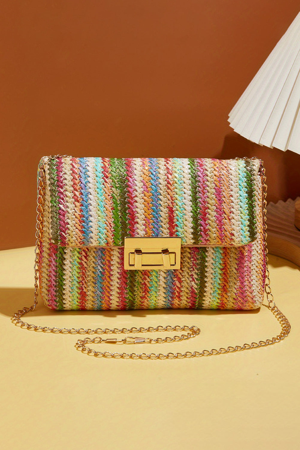 Rainbow Stripe Bohemian Woven Gold Chain Shoulder Bag