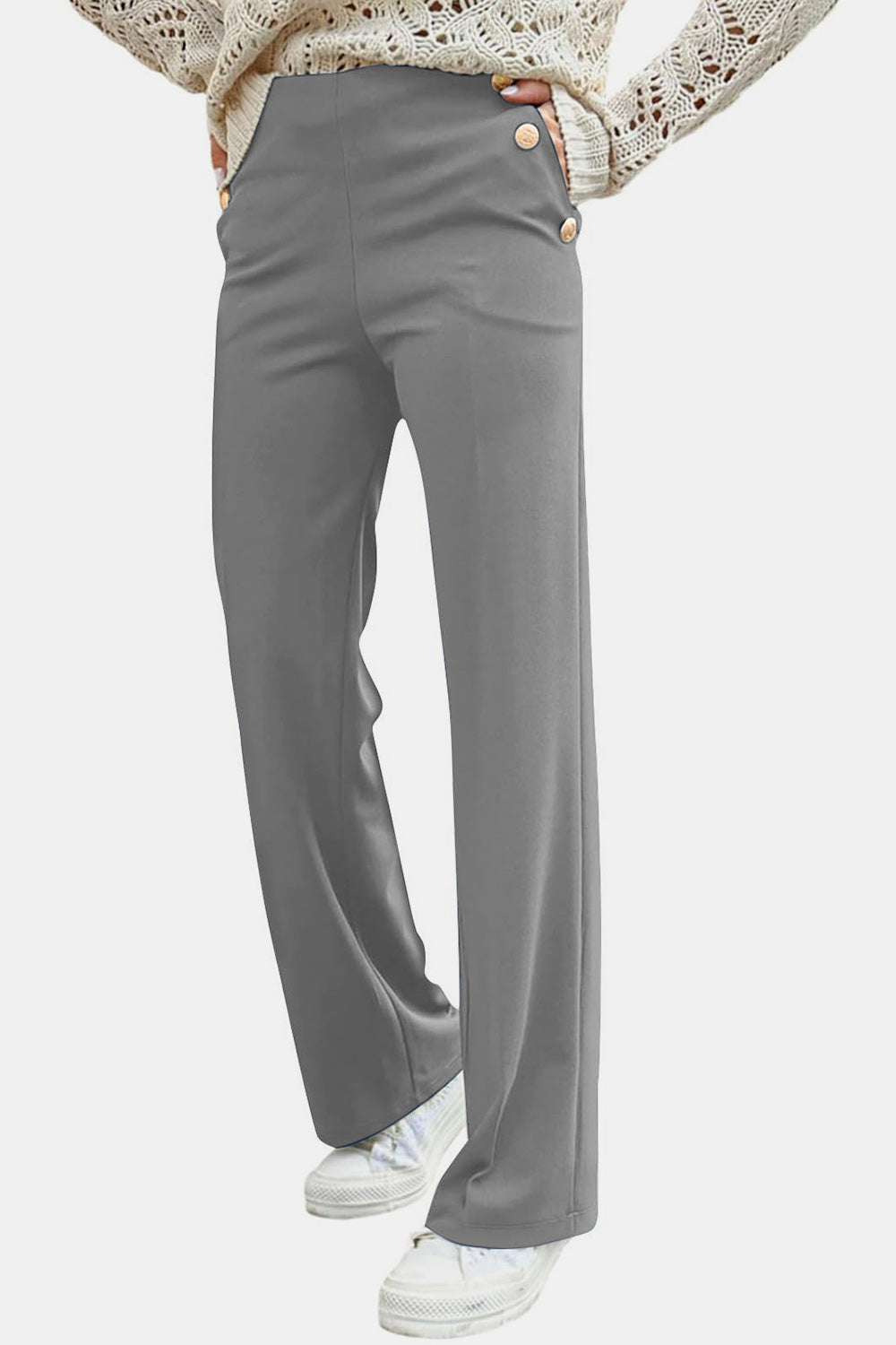 Decorative Side Button High Rise Pants
