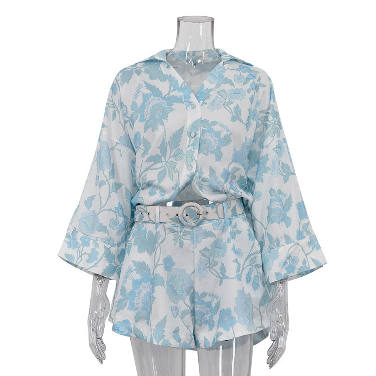 Blue Flower Loose Long Shirt Dress with Wide Leg Belted Shorts Set