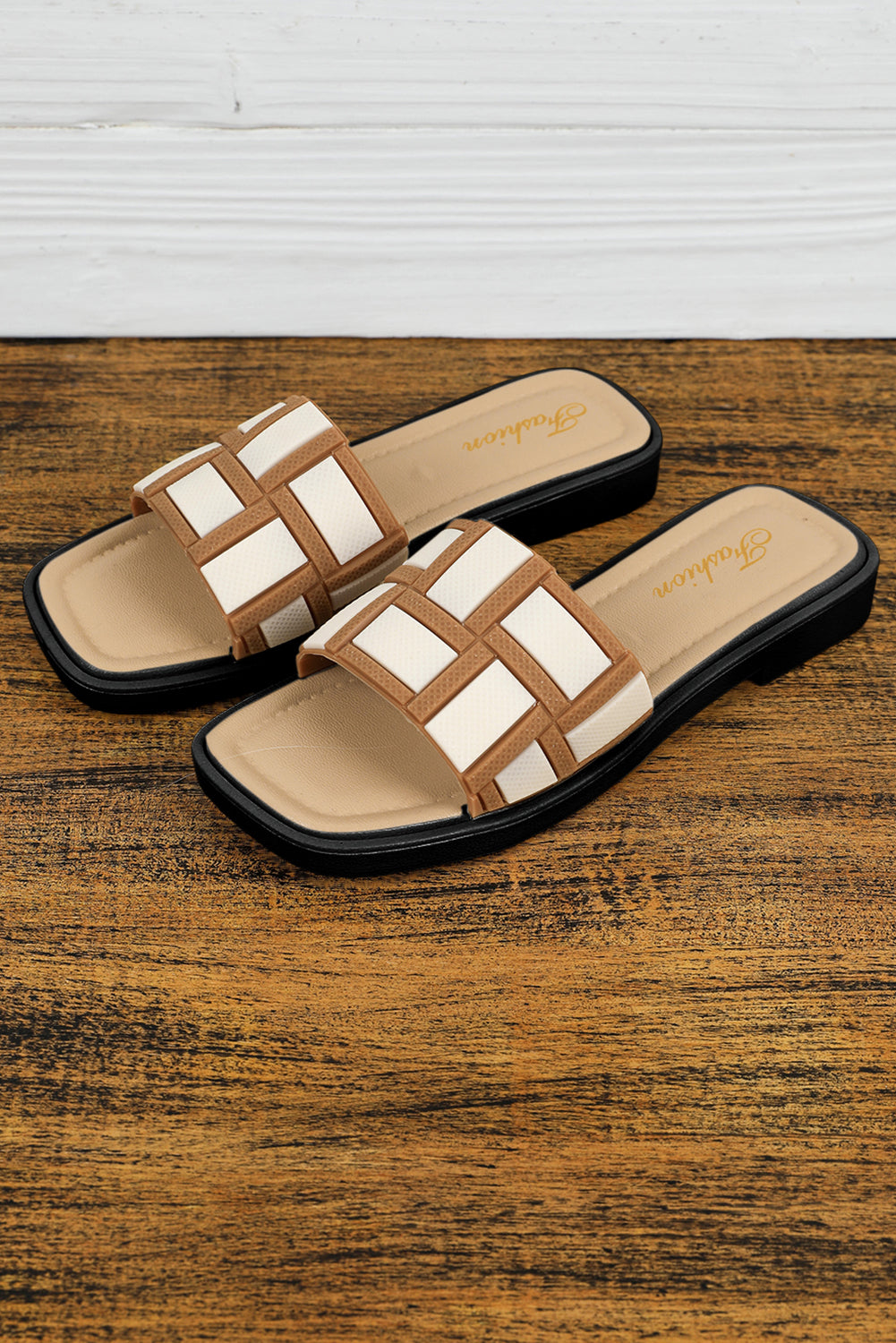 Beige Two Tone Contrast PU Leather Square Toe Slides