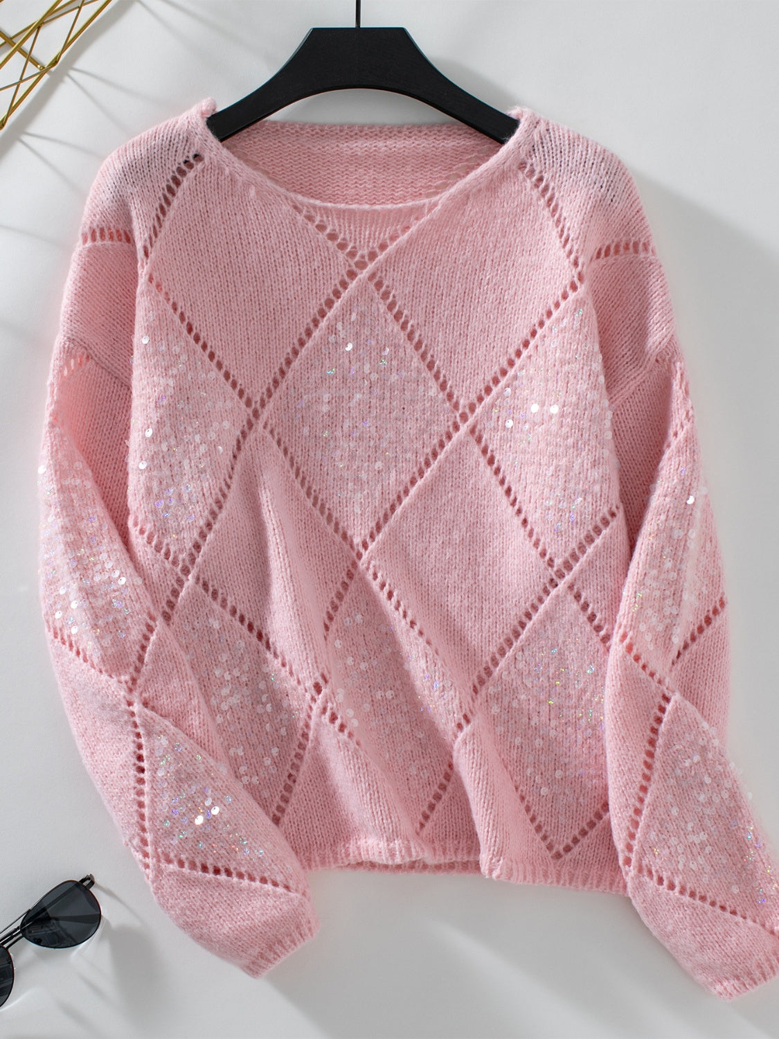 Openwork Round Neck Long Sleeve Pullover Sweater