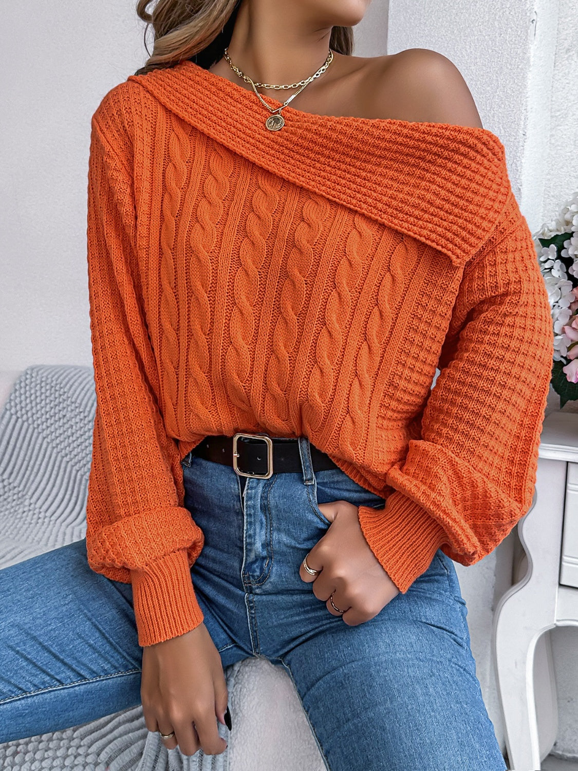 Cable-Knit Off Shoulder Long Sleeve Sweater