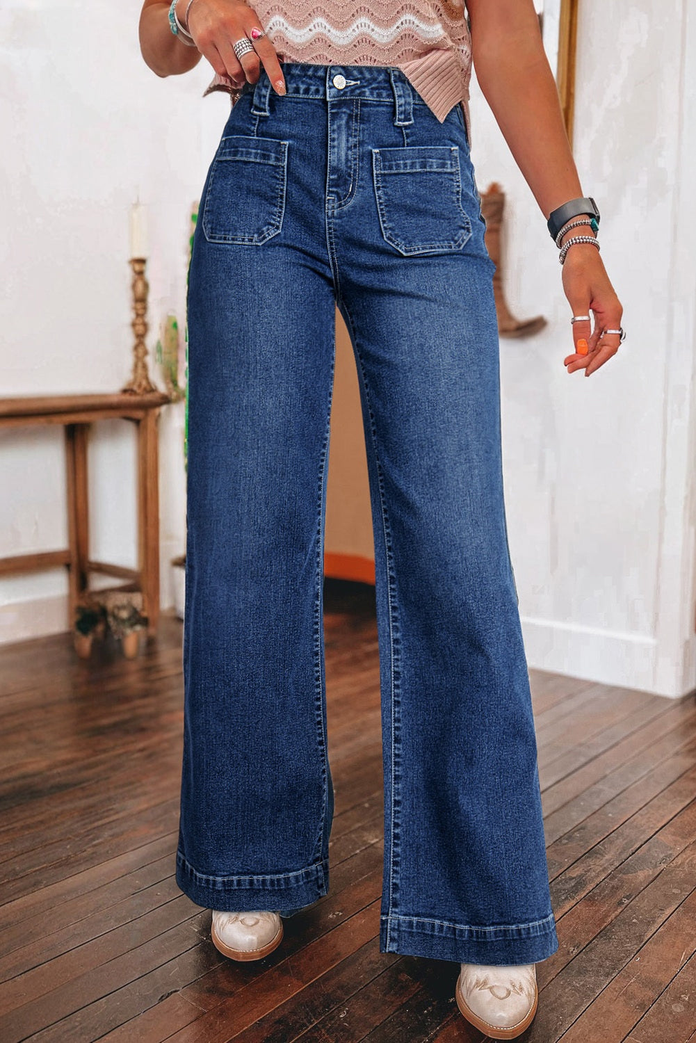 Blue Wide Leg Pocketed High Waist Jeans
