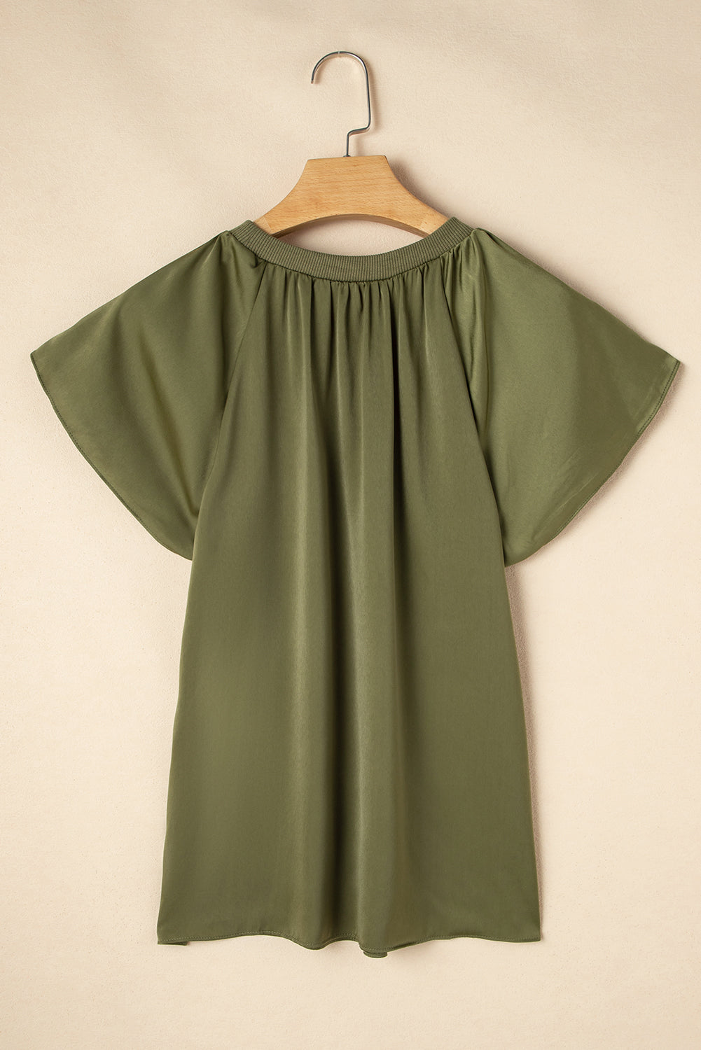 Green Pleated Flutter Sleeve Satin Top