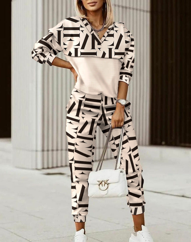 Casual Geo Print Long Sleeve Pants Set
