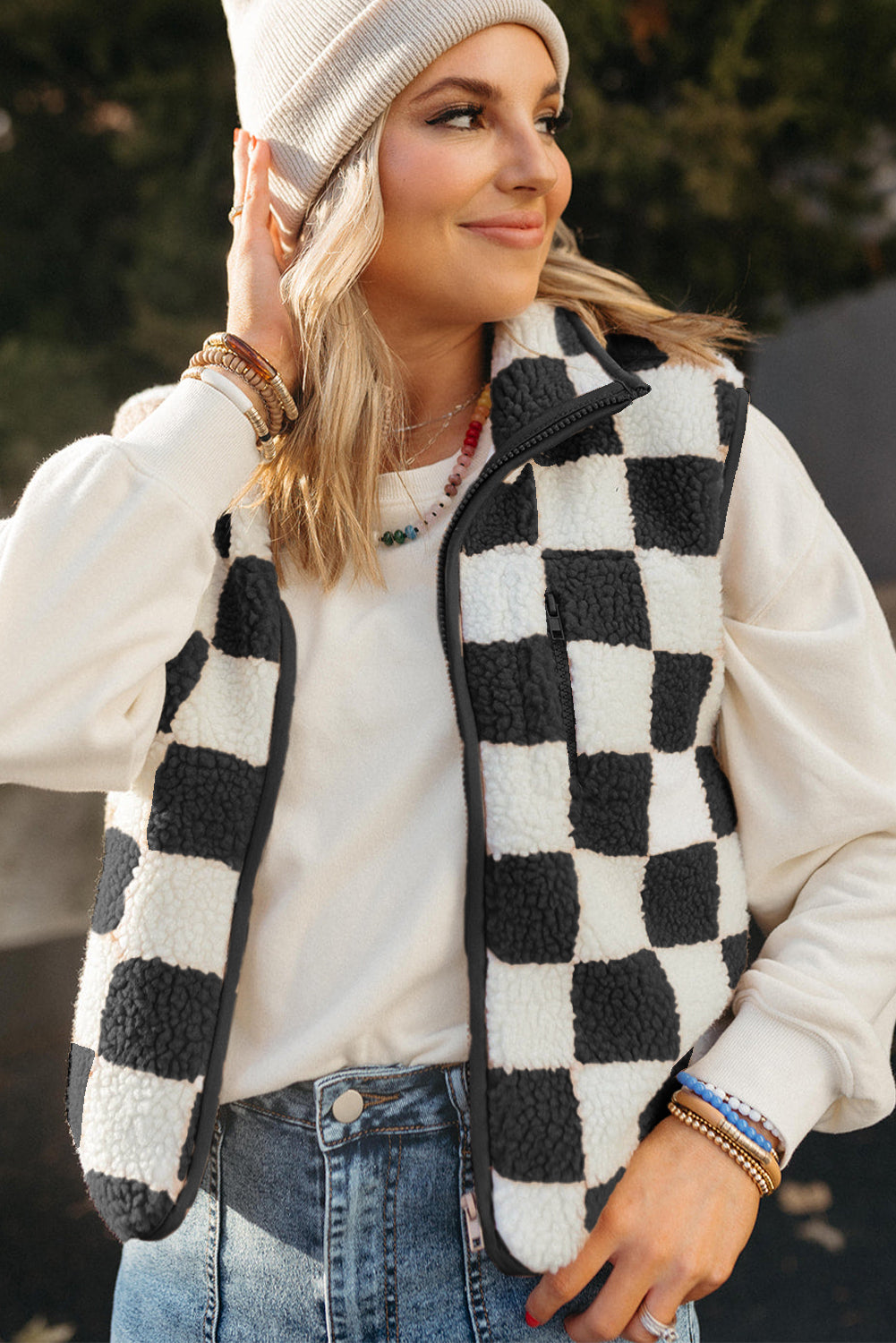 B&W Checkered Sherpa Vest