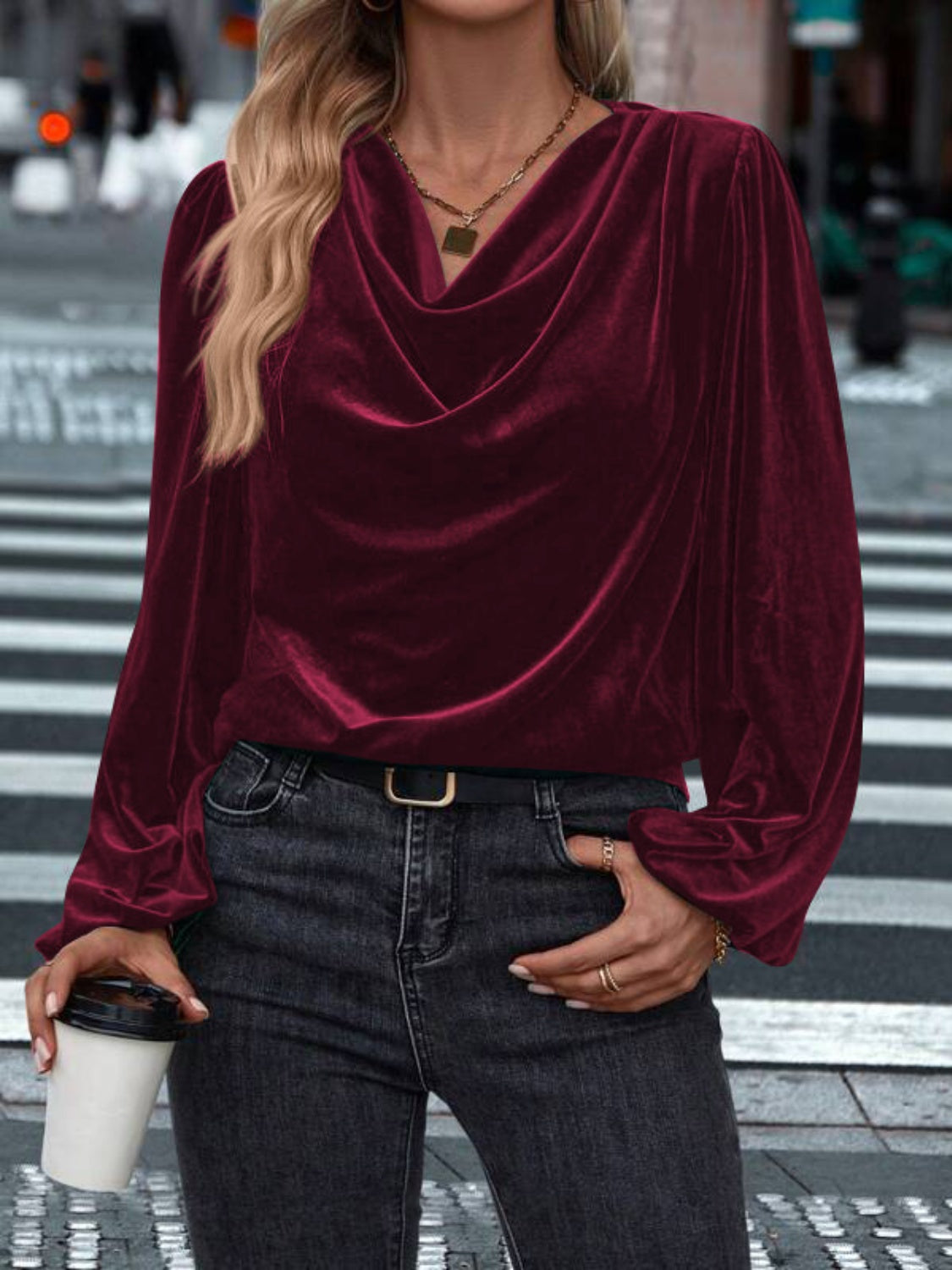 Lovelet Cowl Neck Long Sleeve Velvet Blouse