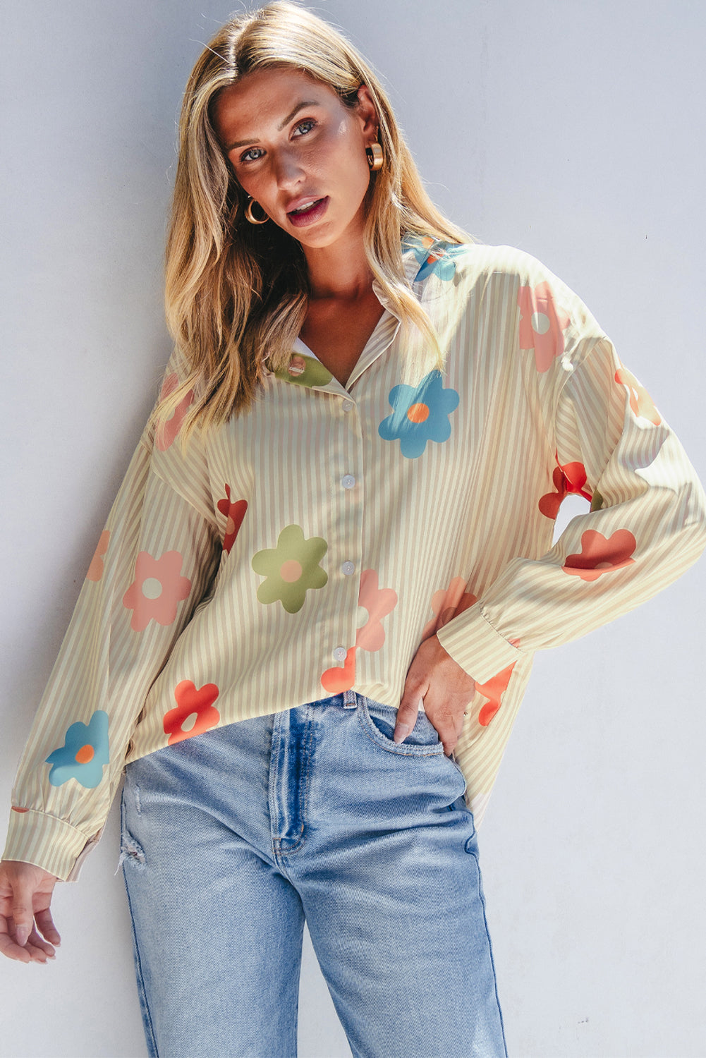 Apricot Stripe Flower Print Collarless Button-up Loose Fit Shirt