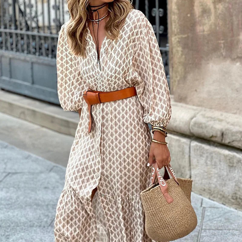 Autumn V-Neck Printed Bubble Sleeve Midi Dress With Belt