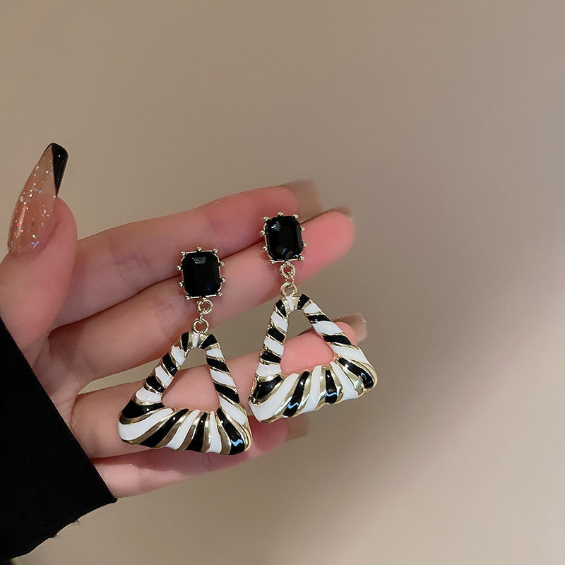 Zebra print Triangle Dangle earrings with black gemstones