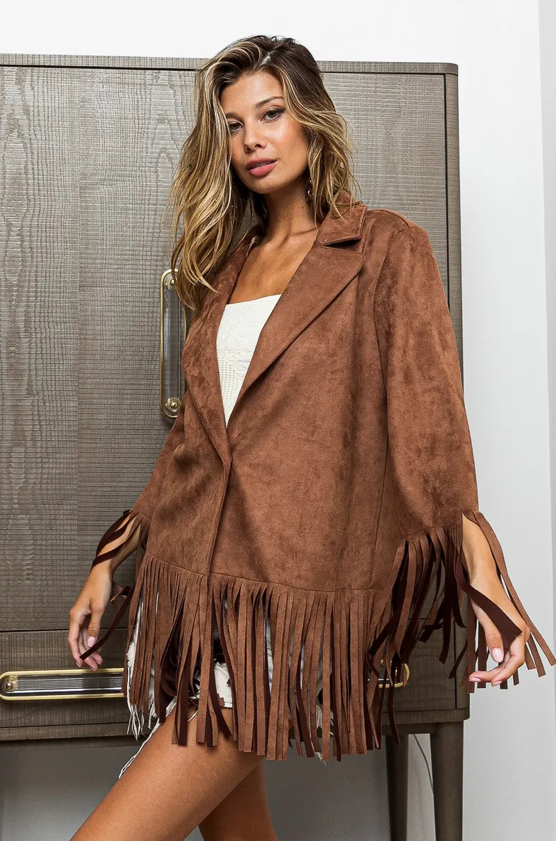 Brown BiBi PU Suede Single Button Blazer with Fringed Hem