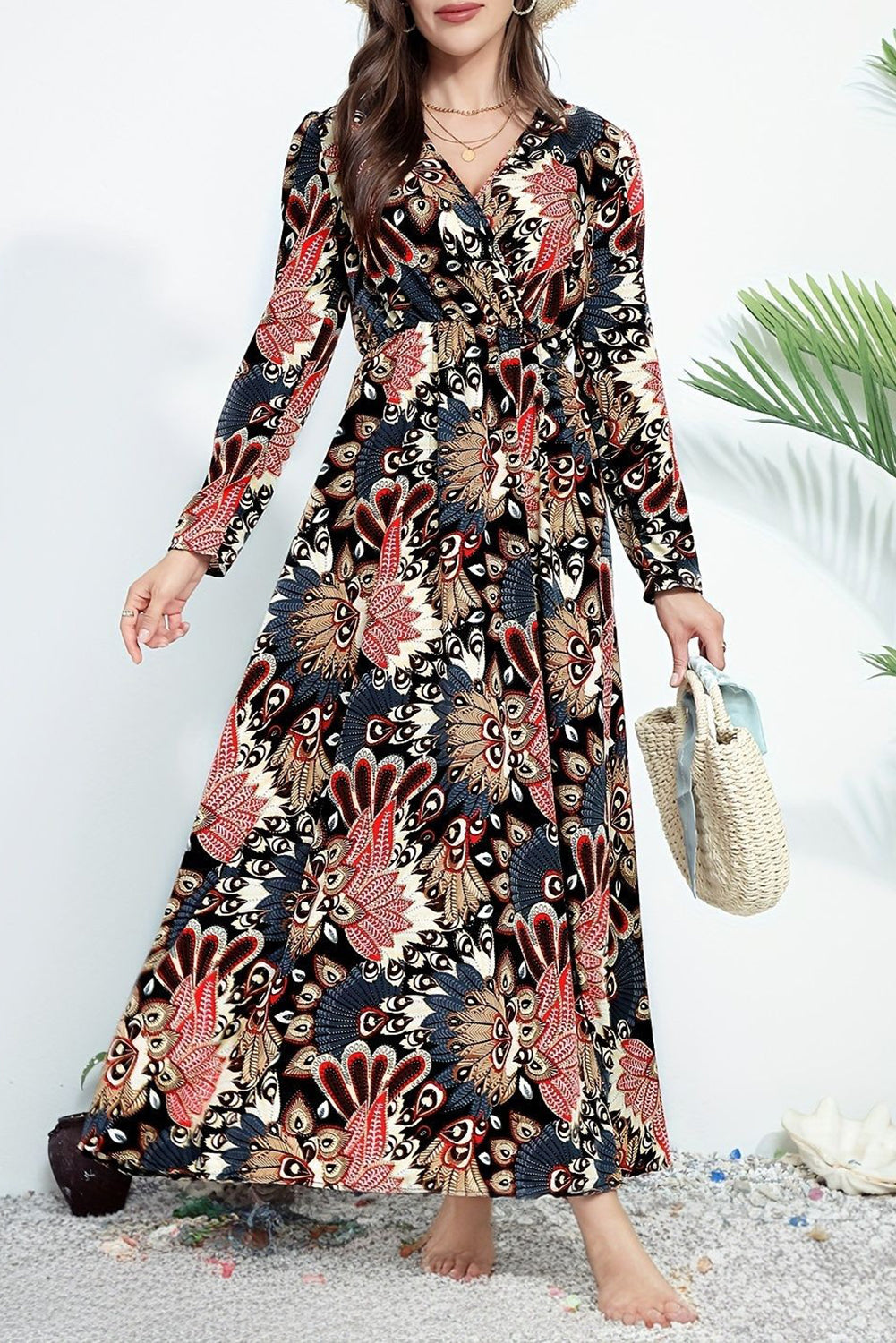 Black Floral Wrap V Neck Long Sleeve Maxi Dress