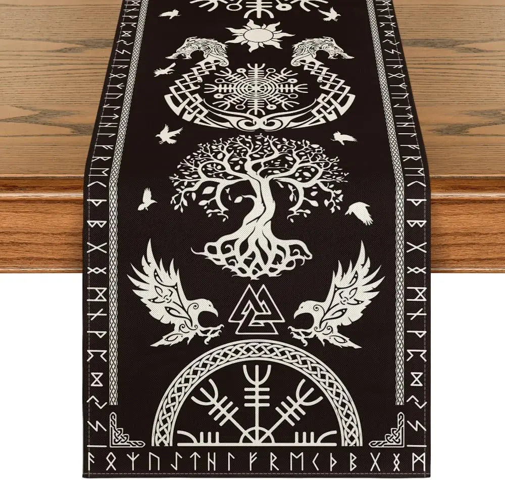 Black Viking Raven Helmet of Awe Linen Table Runner