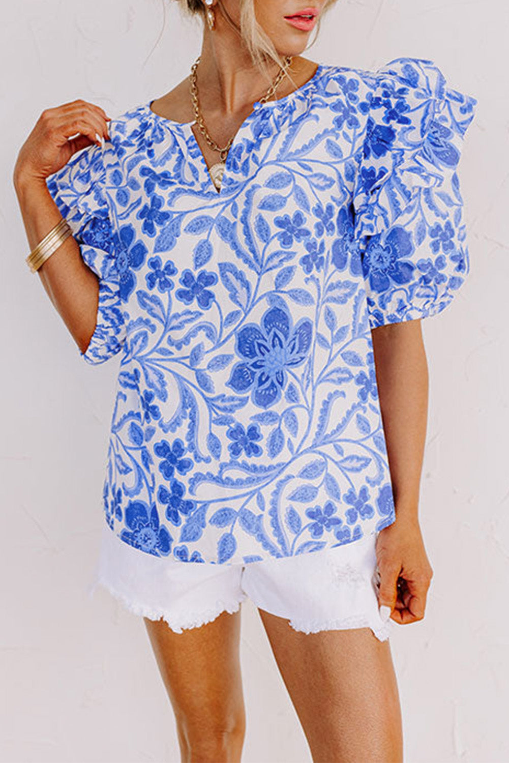 Blue Floral Ruffled Bubble Sleeve Blouse