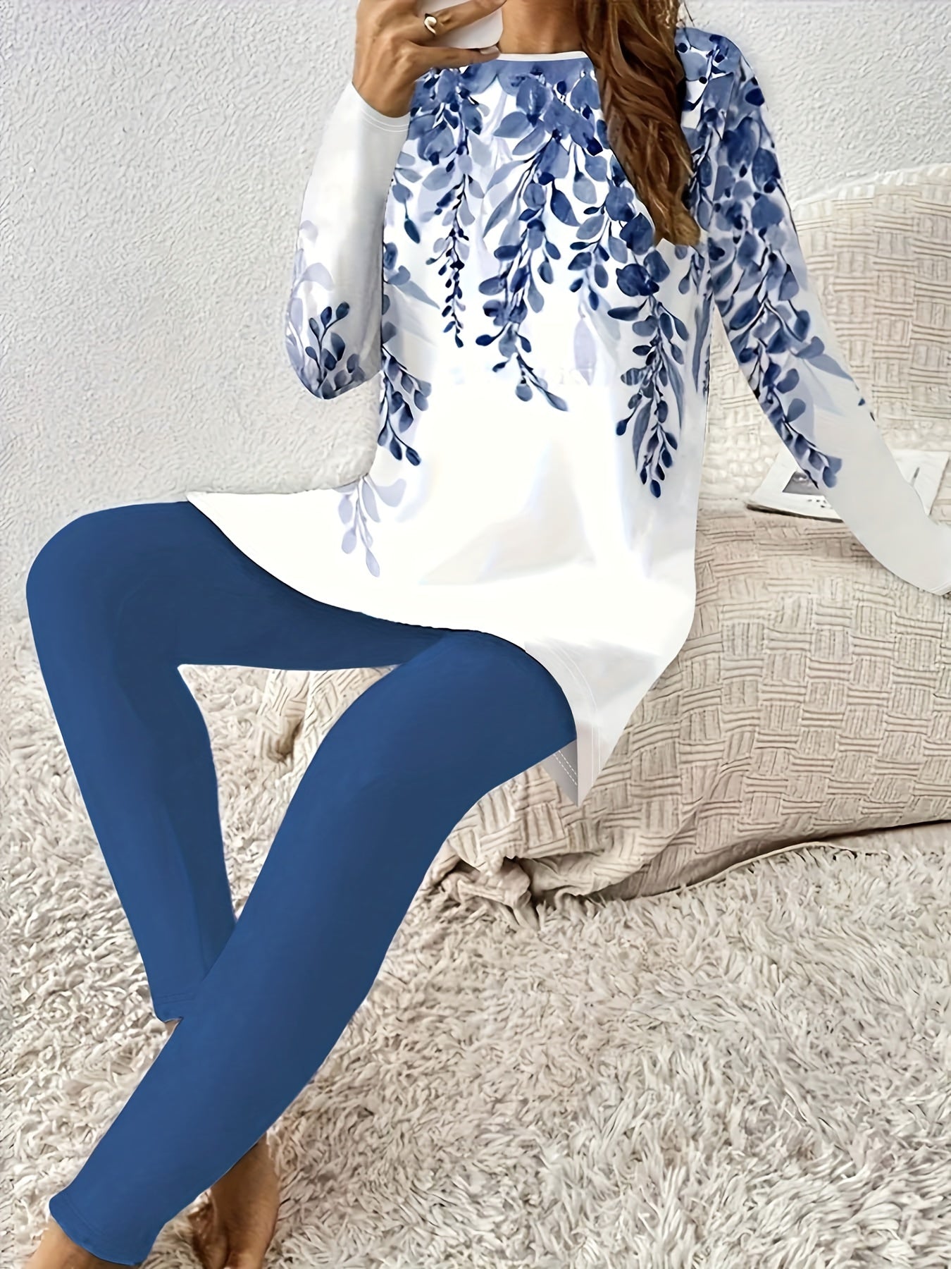 Blue Floral Two-piece Pants Set