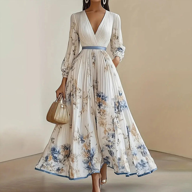 Blue Floral V-Neck Long Sleeve Maxi Dress