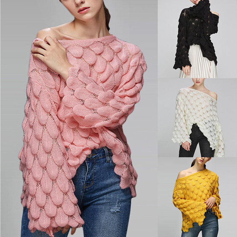 Woman wearing a pink textured sweater with additional images of other sweaters in different colors.
