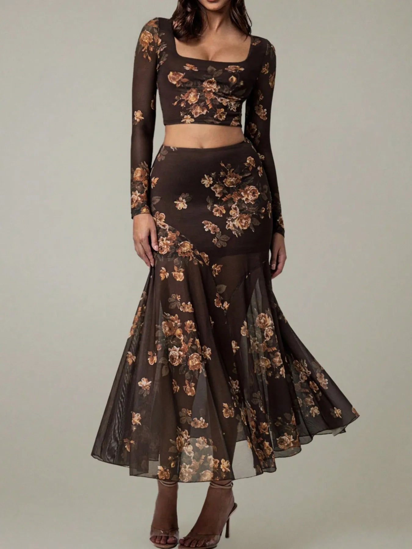 Sheer Dark Brown Floral Long Sleeve Square Neck Top and Maxi Skirt Set