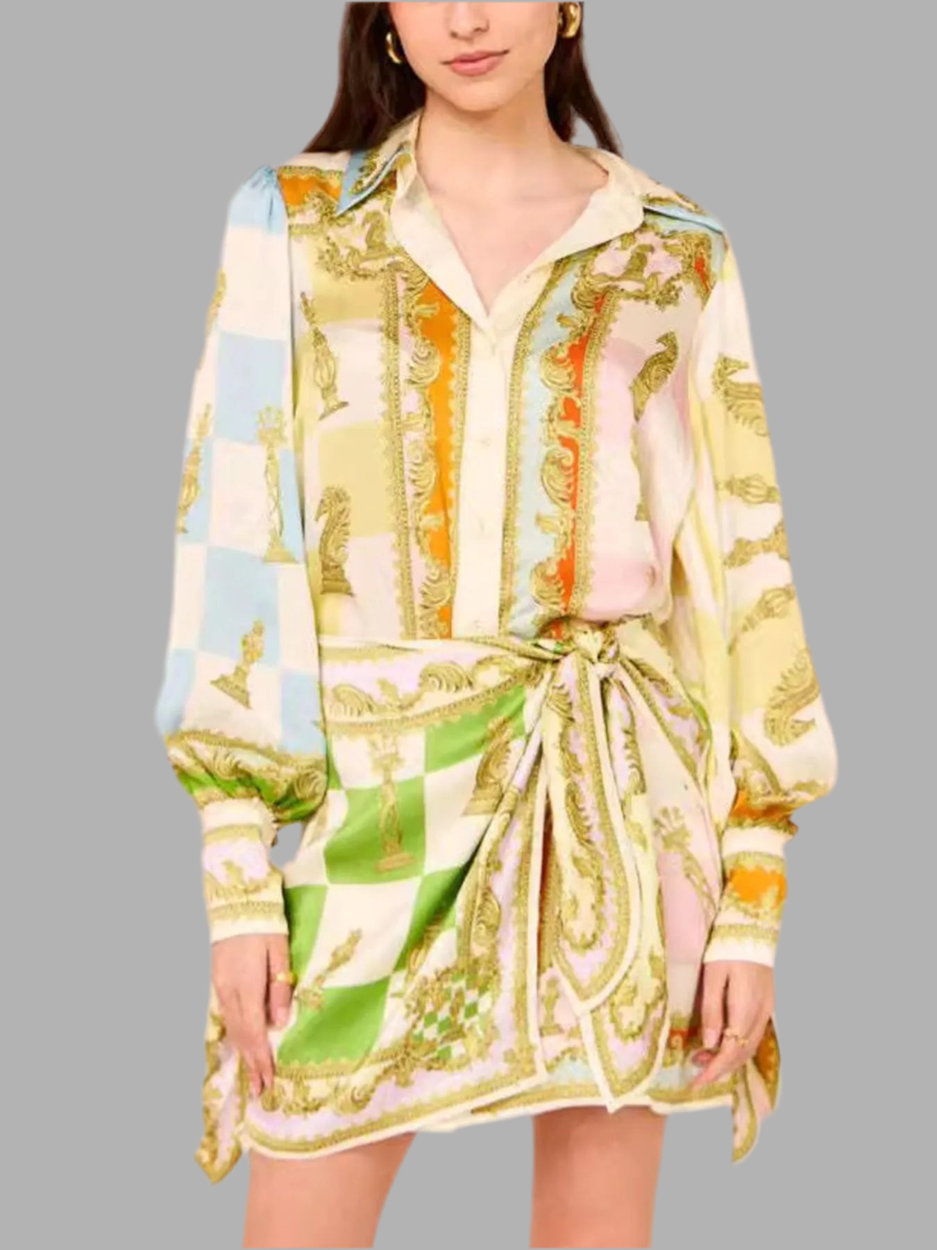 Chess Board Print Lantern Sleeve Shirt Dress