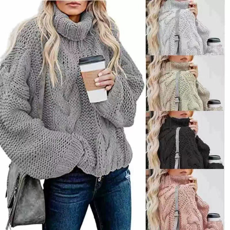 Bulky Cable Knit Turtleneck Sweaters in gry, charcoal, pink, beige and white.