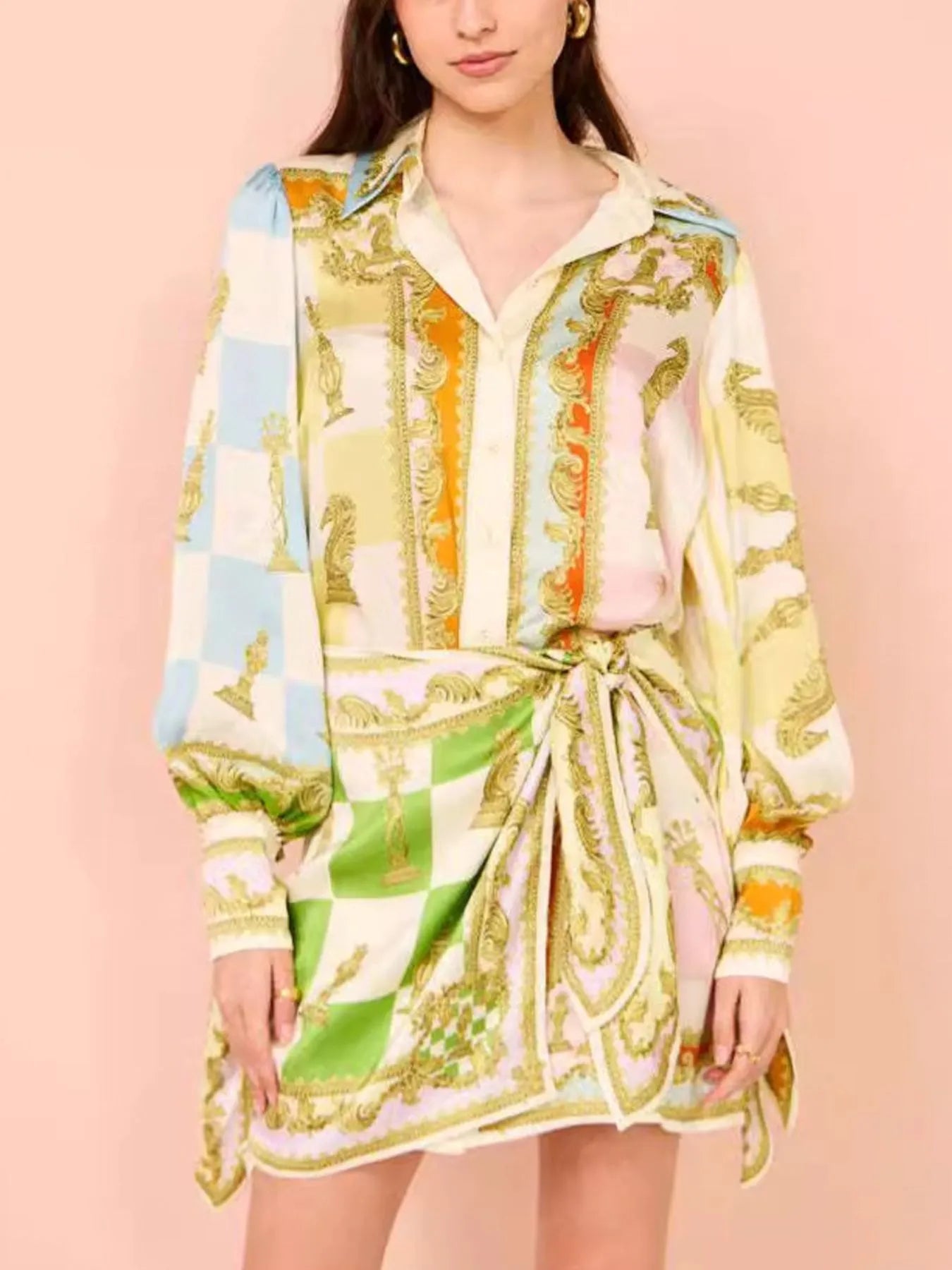 Rococo Style Chess Board Print Lantern Sleeve Shirt Dress