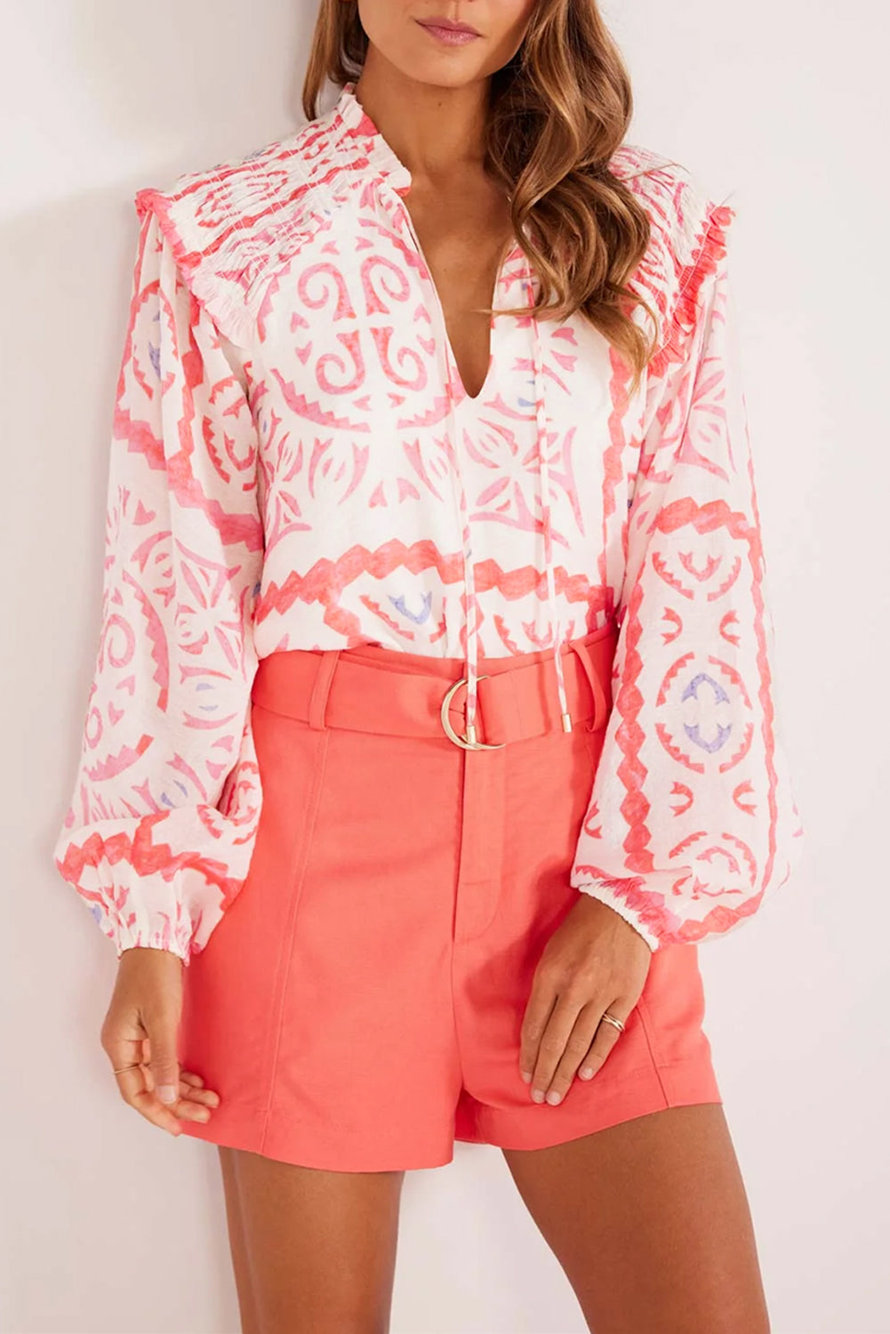 Coral Desert Flower Billowy Sleeve Blouse