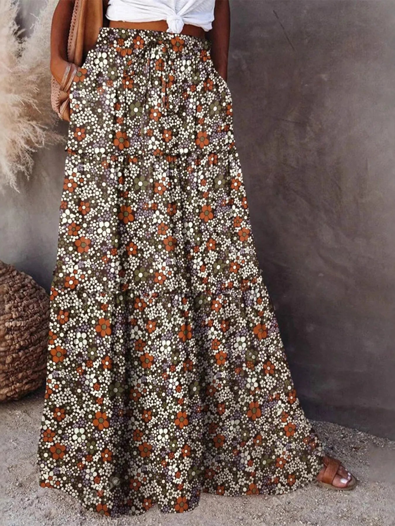 Green Orange & White Floral Maxi Skirt with Pockets