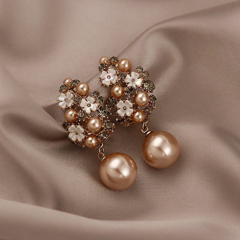 French Style Brown Drop Pearl White Flower Earrings