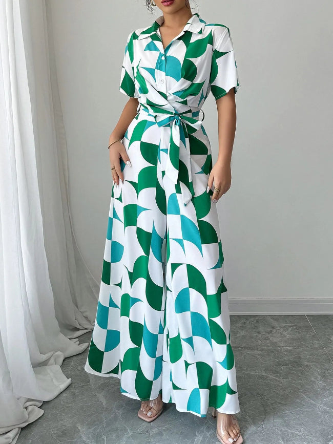 Classy Green and white Geo Print Button Up Short Sleeve Sash Tie Wide Leg Jumpsuit