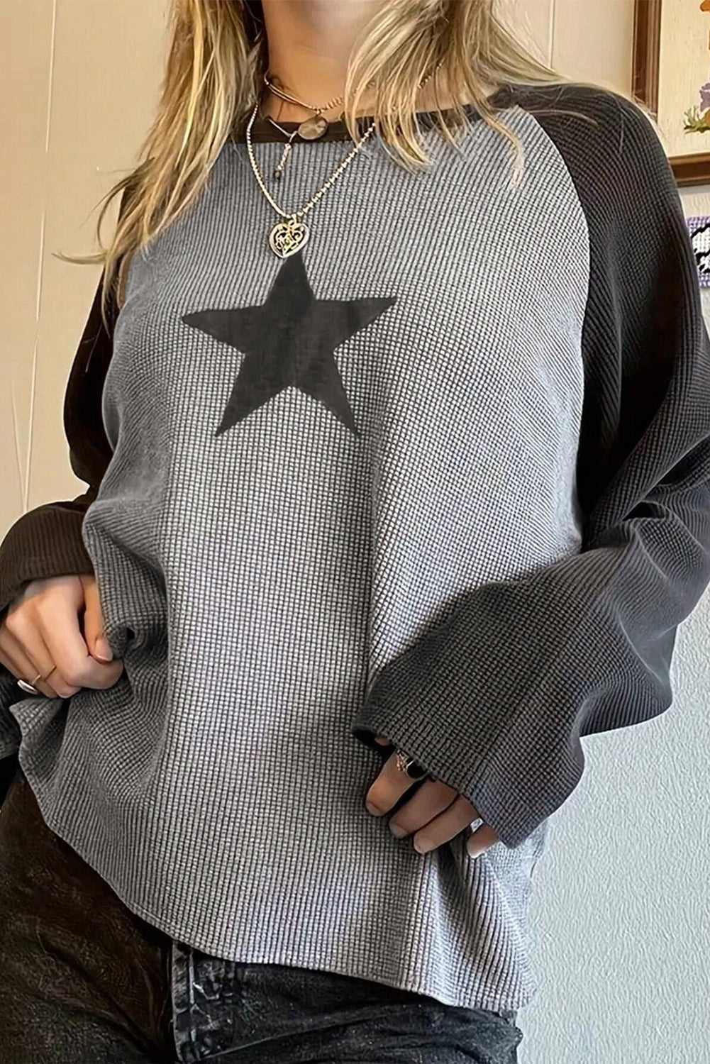 Grey Waffle Knit Colorblock Star Raglan Top