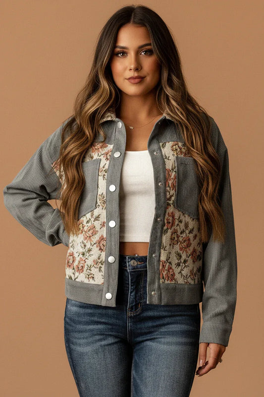 Medium Grey Corduroy Floral Patchwork Vintage Jacket Medium Grey Shell:100%Polyester+Lining:100%Polyester Bazaarre Mart Plus Size/Plus Size Outerwear