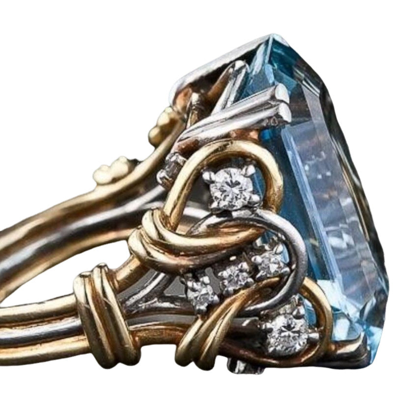 Exquisite French Retro Gold and Faux Aquamarine Zircon Cocktail Ring
