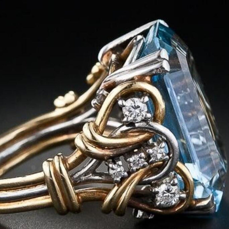 Exquisite French Retro Gold and Faux Aquamarine Zircon Cocktail Ring