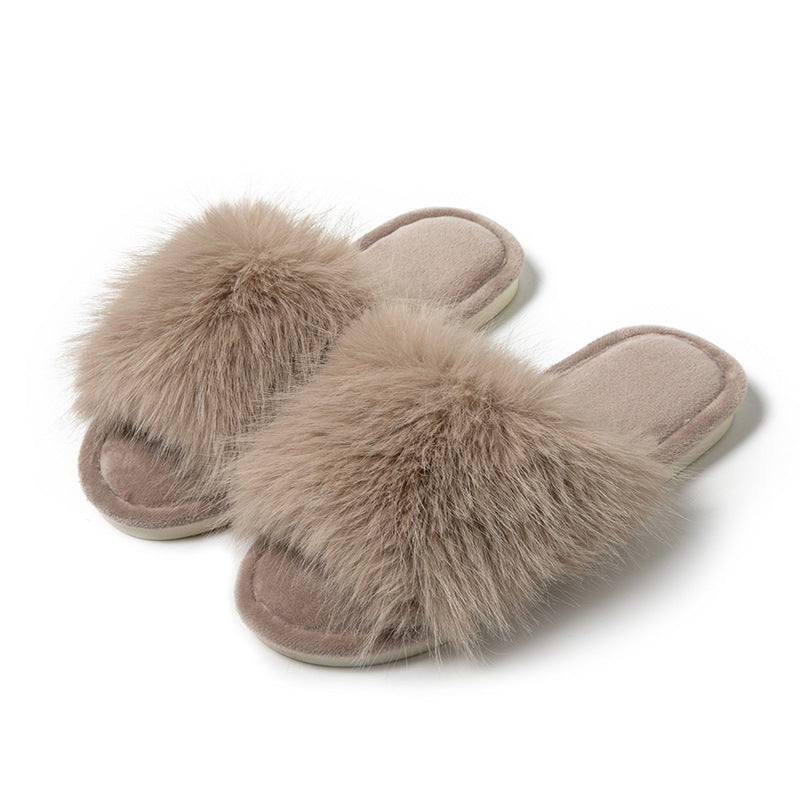 Brown Fuzzy Open Toe Women's Slippers