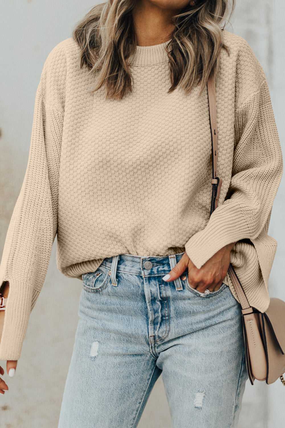Parchment Textured Knit Split Cuff Drop Shoulder Loose Sweater