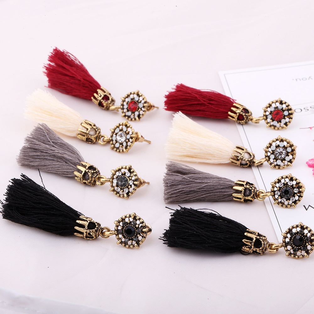Retro Jeweled Fringed Tassel Earrings in a gold setting