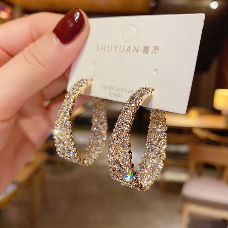 Thick Gold Rhinestone Hoop Earrings