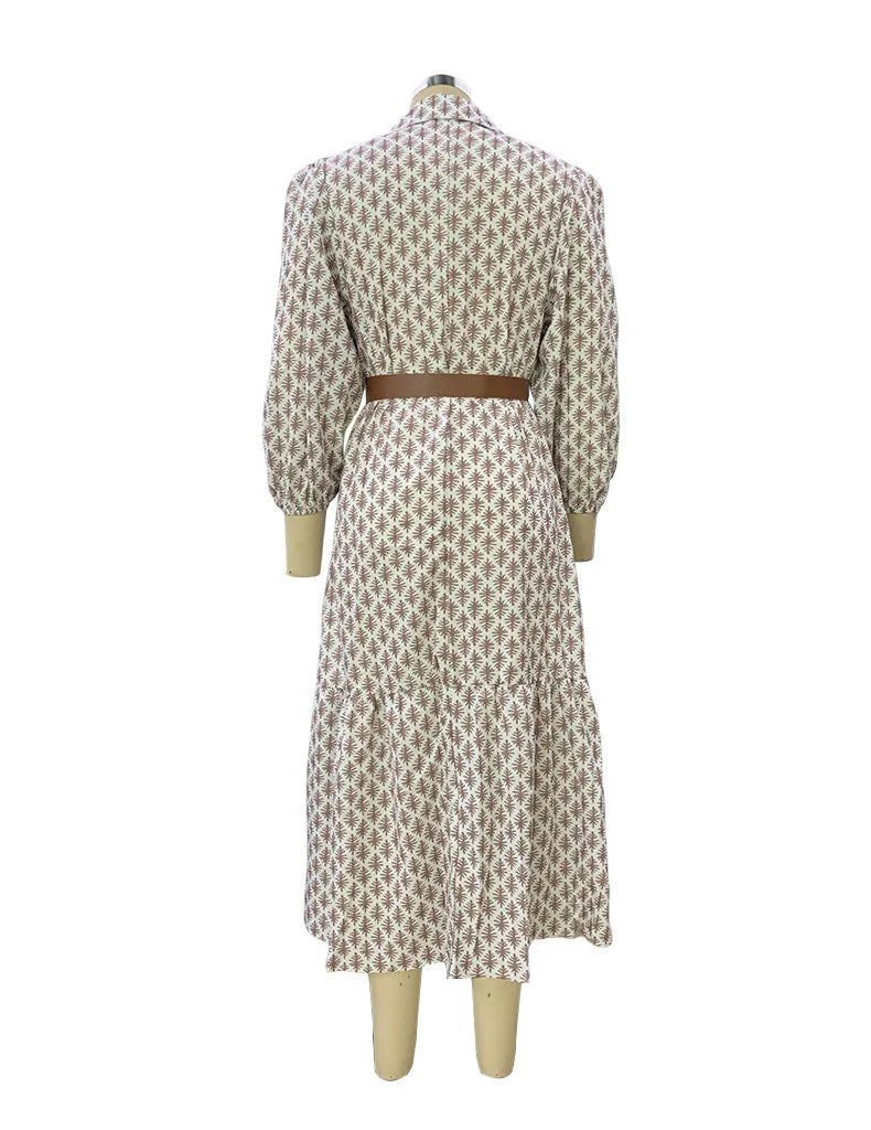 Autumn V-Neck Printed Bubble Sleeve Midi Dress With Belt