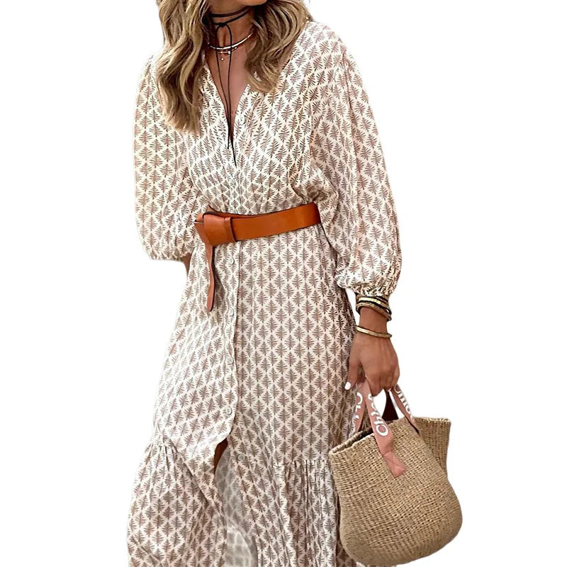 Autumn V-Neck Printed Bubble Sleeve Midi Dress With Belt
