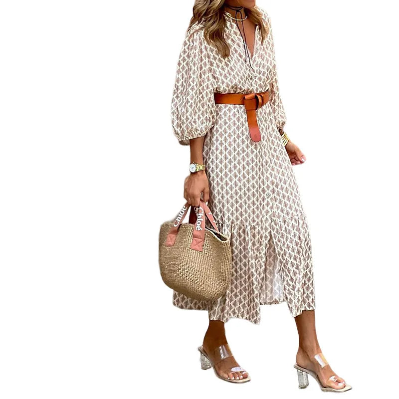 Autumn V-Neck Printed Bubble Sleeve Midi Dress With Belt