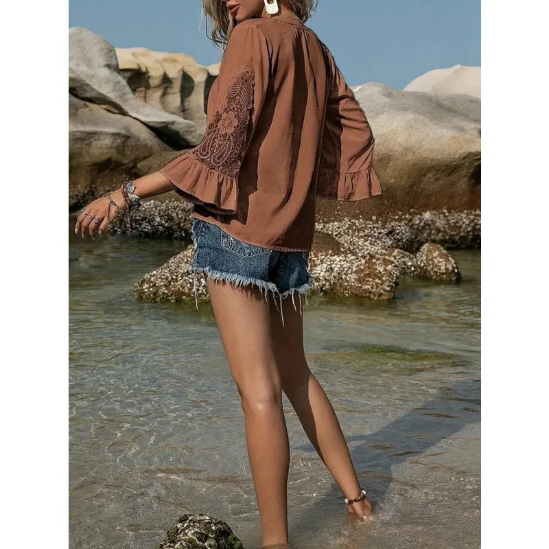 Brown V-neck 3/4 Lace Ruffle Sleeve Blouse