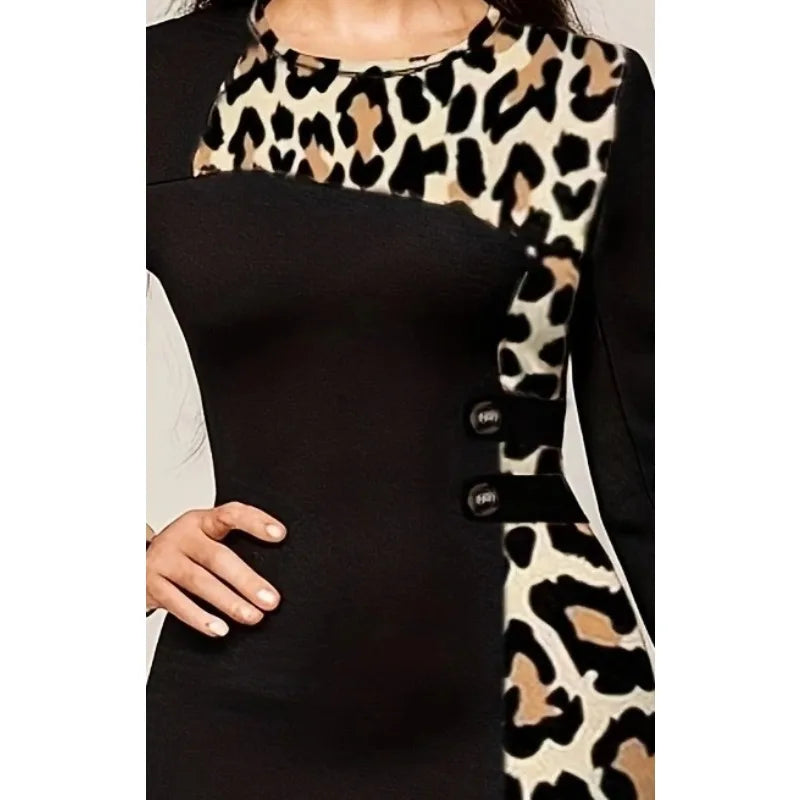 Black Leopard Patchwork Round Neck Bodycon Dress