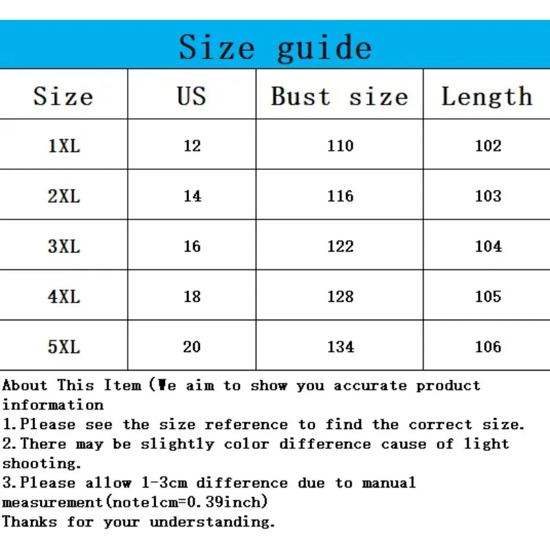 Size guide chart for clothing with US, bust size, and length measurements.