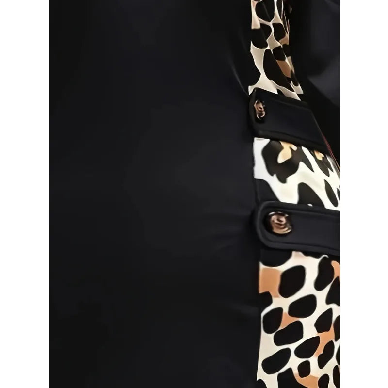 Black Leopard Patchwork Round Neck Bodycon Dress