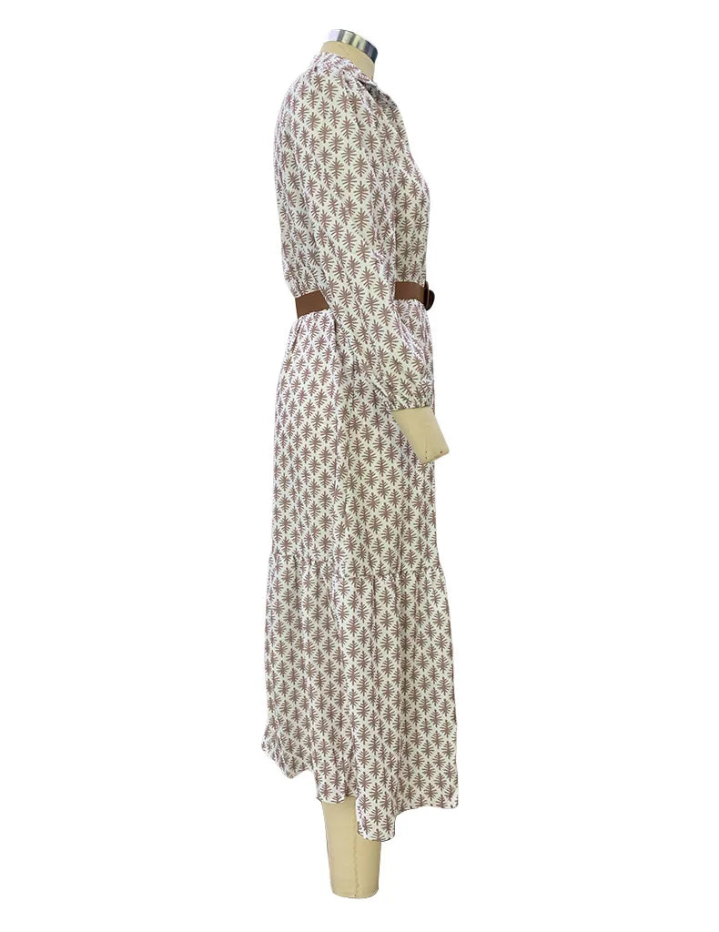Autumn V-Neck Printed Bubble Sleeve Midi Dress With Belt