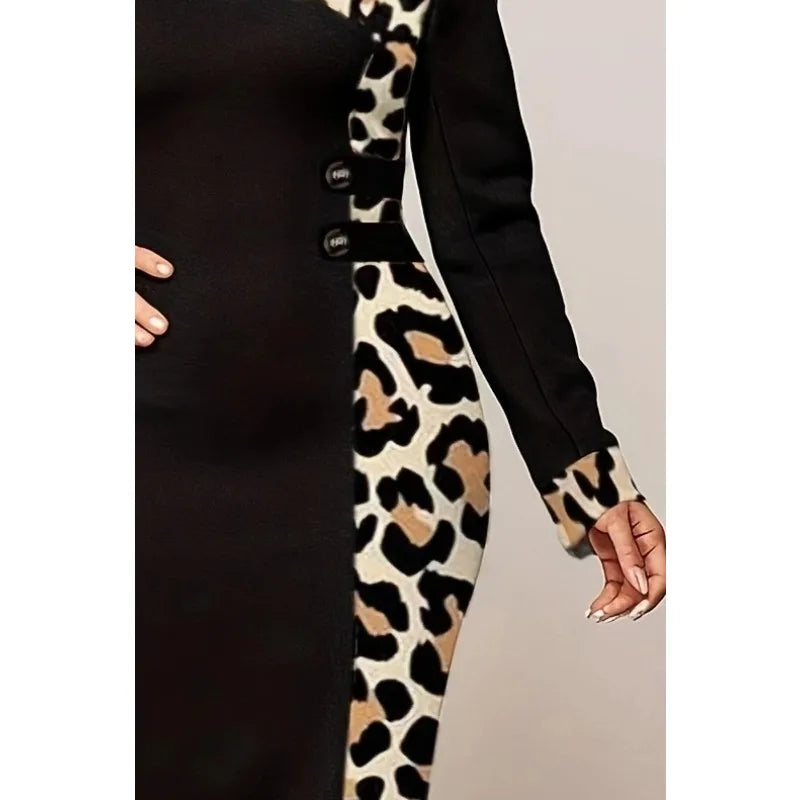 Black Leopard Patchwork Round Neck Bodycon Dress