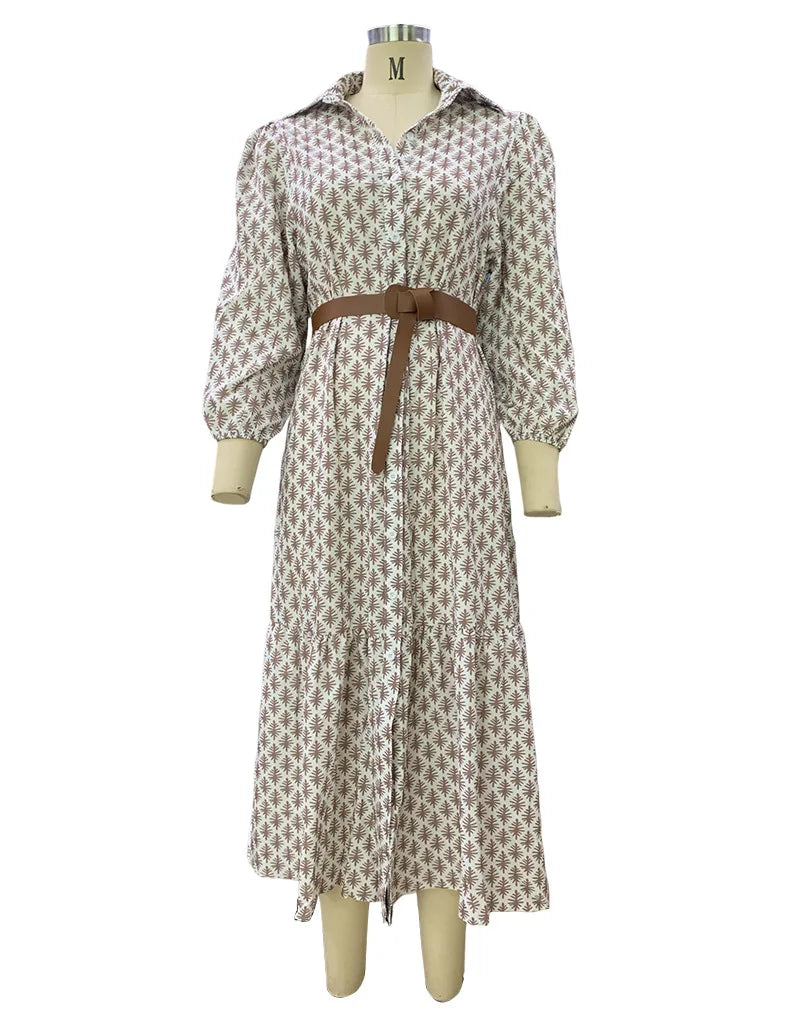 Autumn V-Neck Printed Bubble Sleeve Midi Dress With Belt