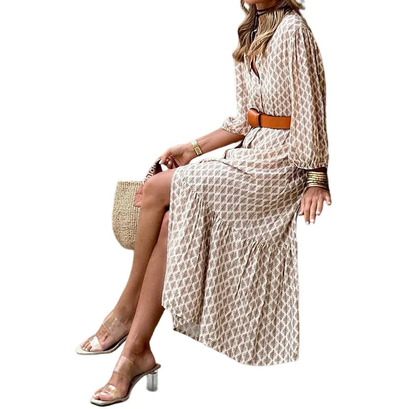Autumn V-Neck Printed Bubble Sleeve Midi Dress With Belt