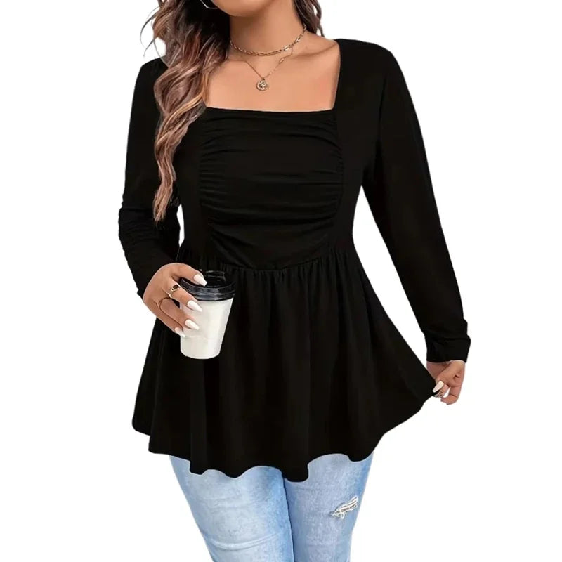 Black Square Neck Pleated Long Sleeve Top